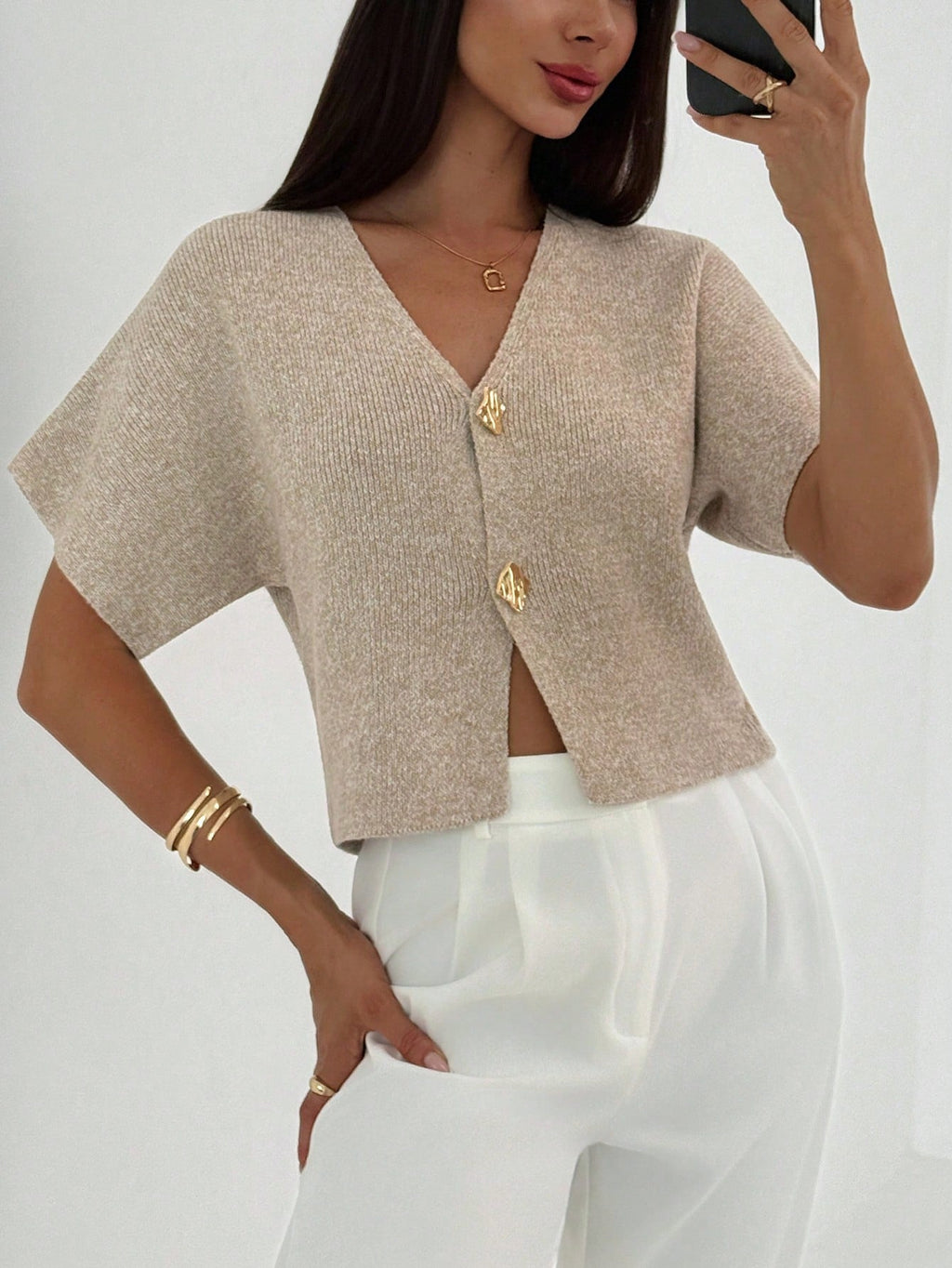 Women’s Minimalist Deep V-Neck Cardigan – Short Sleeve Double-Button Cinched Waist Fitted Top