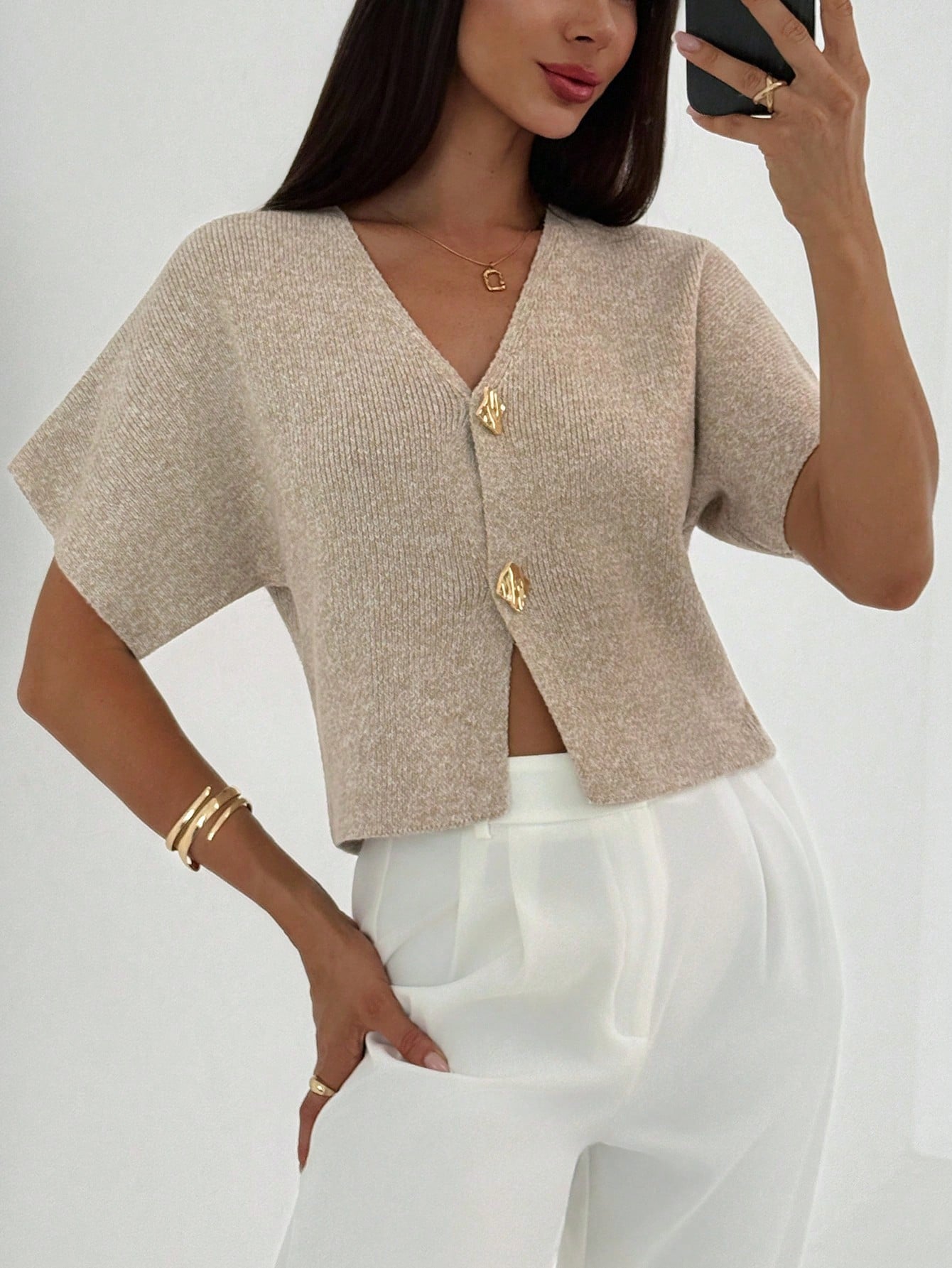 Women’s Minimalist Deep V-Neck Cardigan – Short Sleeve Double-Button Cinched Waist Fitted Top