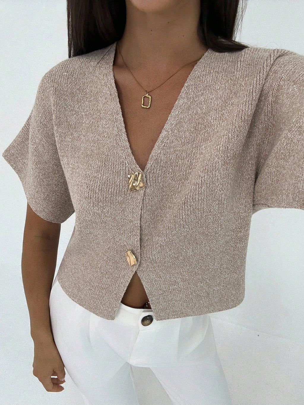Women’s Minimalist Deep V-Neck Cardigan – Short Sleeve Double-Button Cinched Waist Fitted Top
