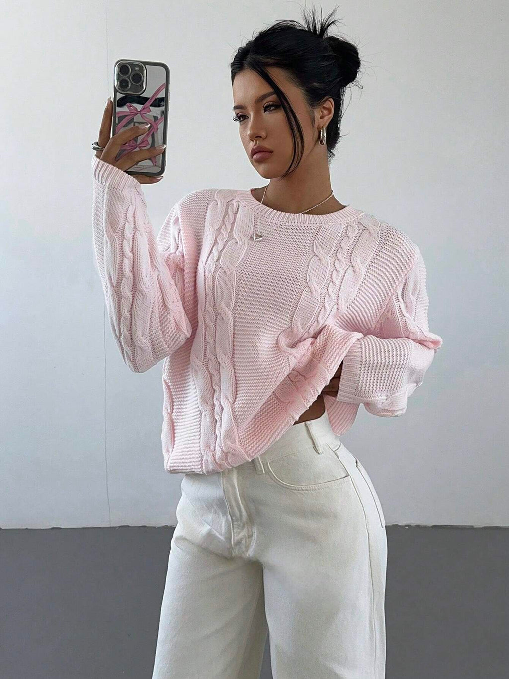 Pink Women’s Crew Neck Sweater – Casual Long Sleeve Pullover Knit Top for Autumn/Winter