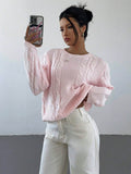 Pink Women’s Crew Neck Sweater – Casual Long Sleeve Pullover Knit Top for Autumn/Winter