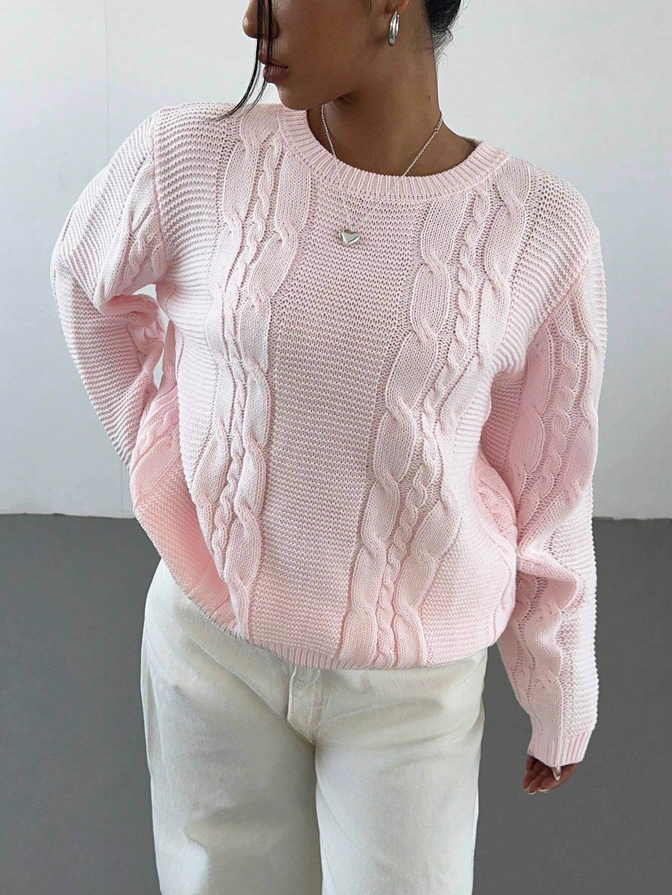 Pink Women’s Crew Neck Sweater – Casual Long Sleeve Pullover Knit Top for Autumn/Winter