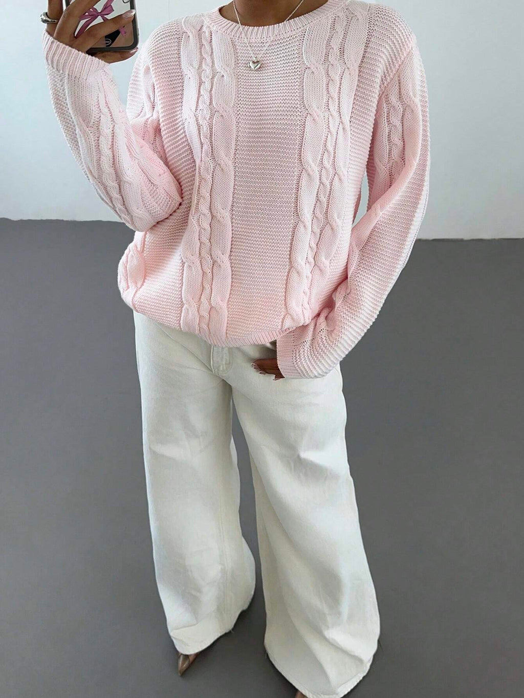 Pink Women’s Crew Neck Sweater – Casual Long Sleeve Pullover Knit Top for Autumn/Winter