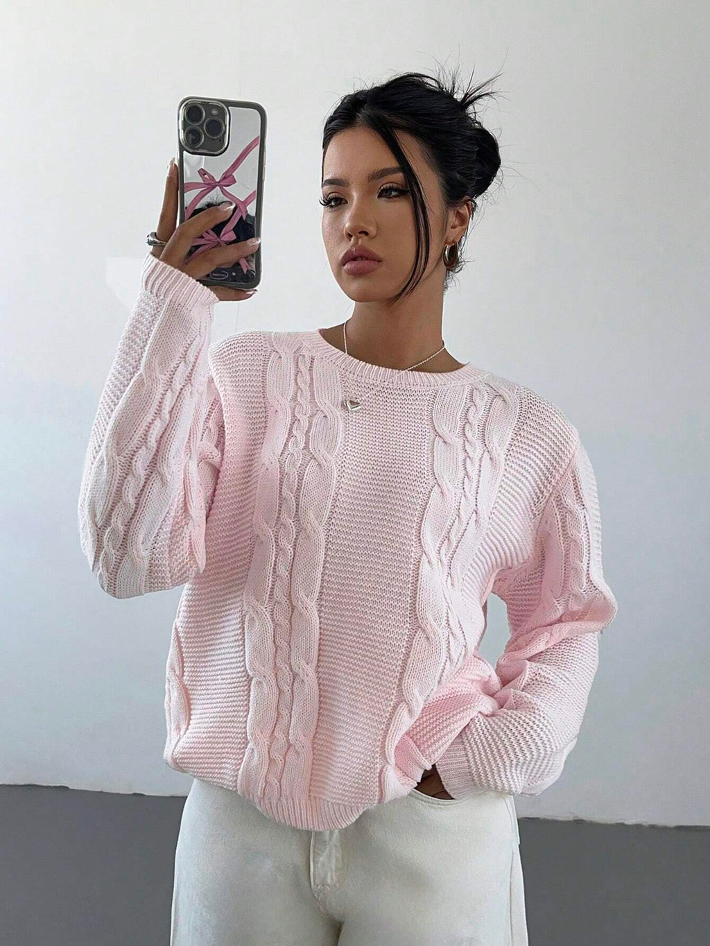 Pink Women’s Crew Neck Sweater – Casual Long Sleeve Pullover Knit Top for Autumn/Winter