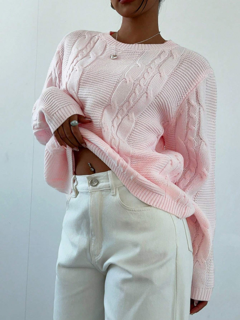 Pink Women’s Crew Neck Sweater – Casual Long Sleeve Pullover Knit Top for Autumn/Winter