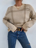 Women’s Plaid Drop Shoulder Sweater – Crew Neck Long Sleeve Casual Pullover Knit Top
