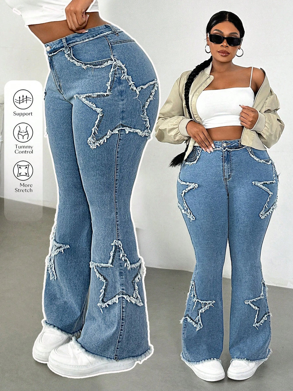 Plus Size Blue Denim Skinny Flare Jeans for Women – High Waist Stretch Casual Pants