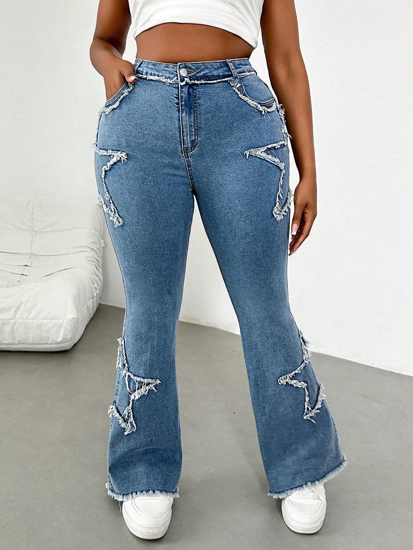 Plus Size Blue Denim Skinny Flare Jeans for Women – High Waist Stretch Casual Pants