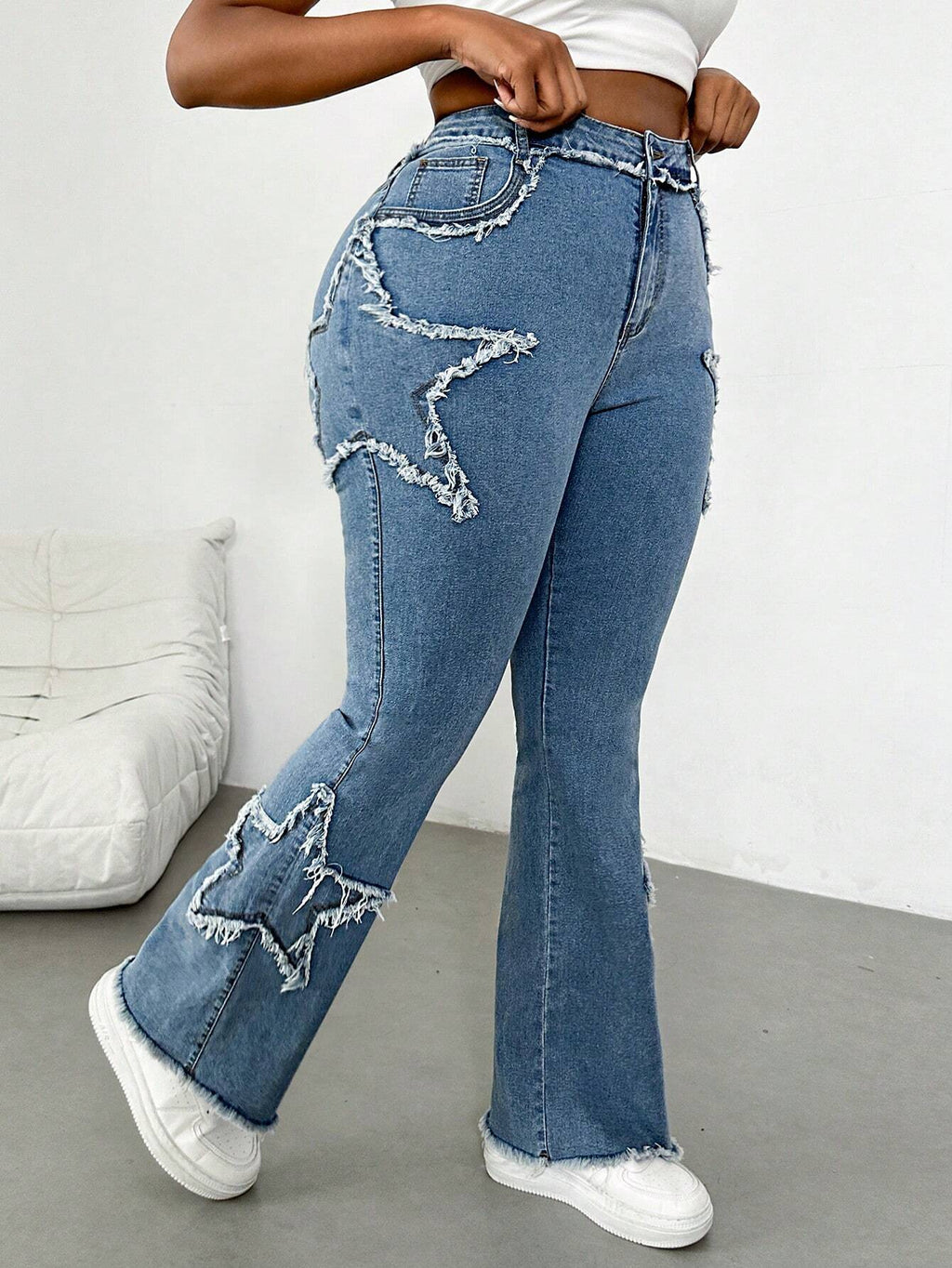 Plus Size Blue Denim Skinny Flare Jeans for Women – High Waist Stretch Casual Pants