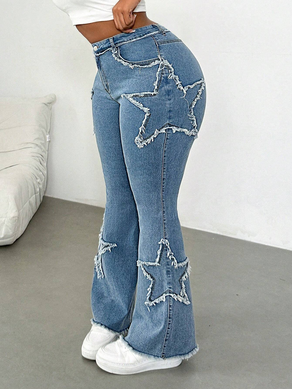 Plus Size Blue Denim Skinny Flare Jeans for Women – High Waist Stretch Casual Pants