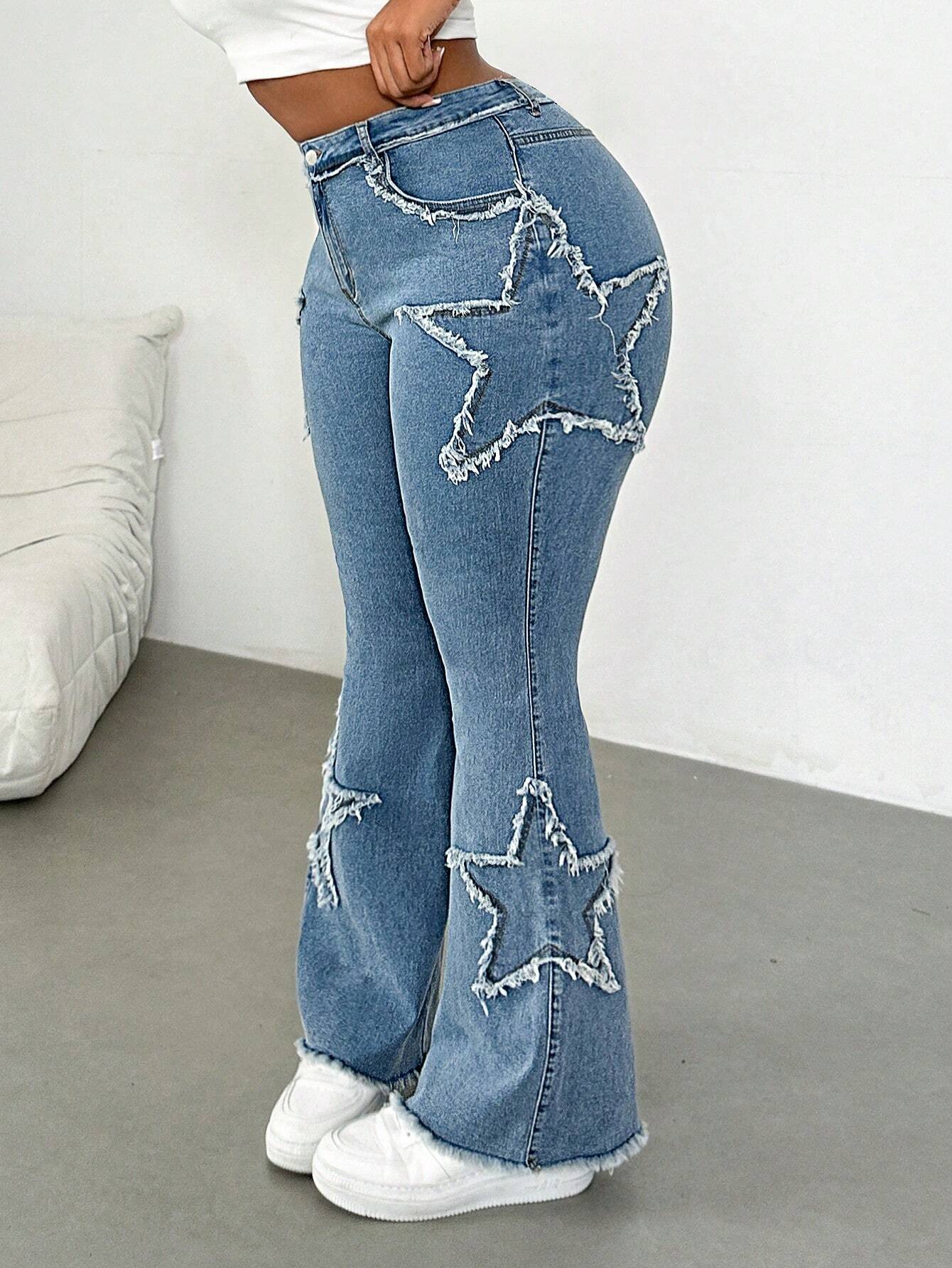 Plus Size Blue Denim Skinny Flare Jeans for Women – High Waist Stretch Casual Pants