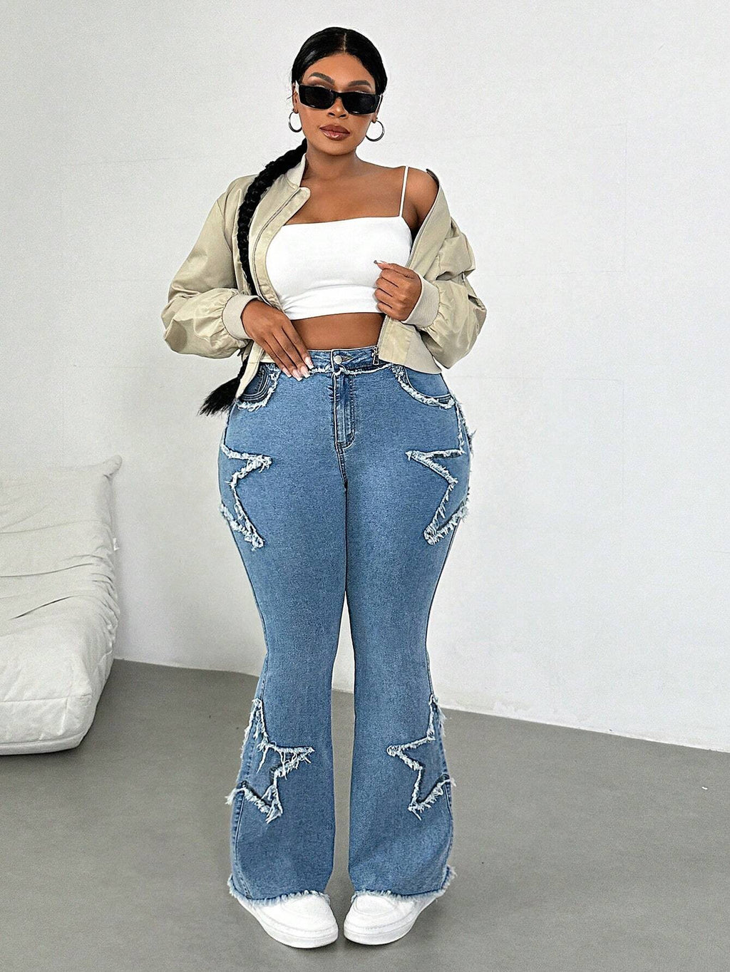 Plus Size Blue Denim Skinny Flare Jeans for Women – High Waist Stretch Casual Pants
