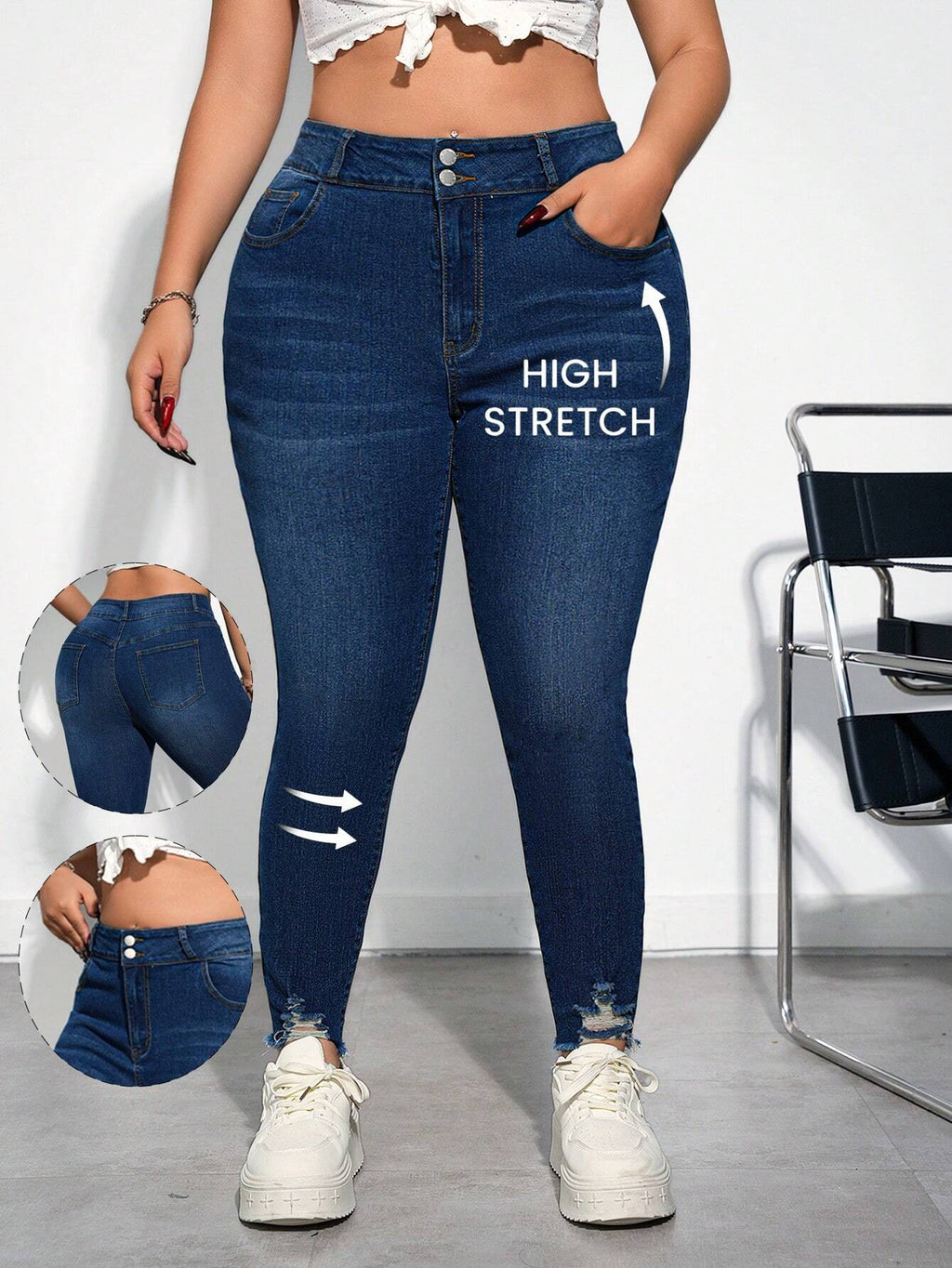 Plus Size Distressed Denim Capri Pants – Blue Skinny Stretch Jeans for Women – Mid-Calf Summer Fit