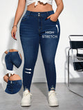 Plus Size Distressed Denim Capri Pants – Blue Skinny Stretch Jeans for Women – Mid-Calf Summer Fit