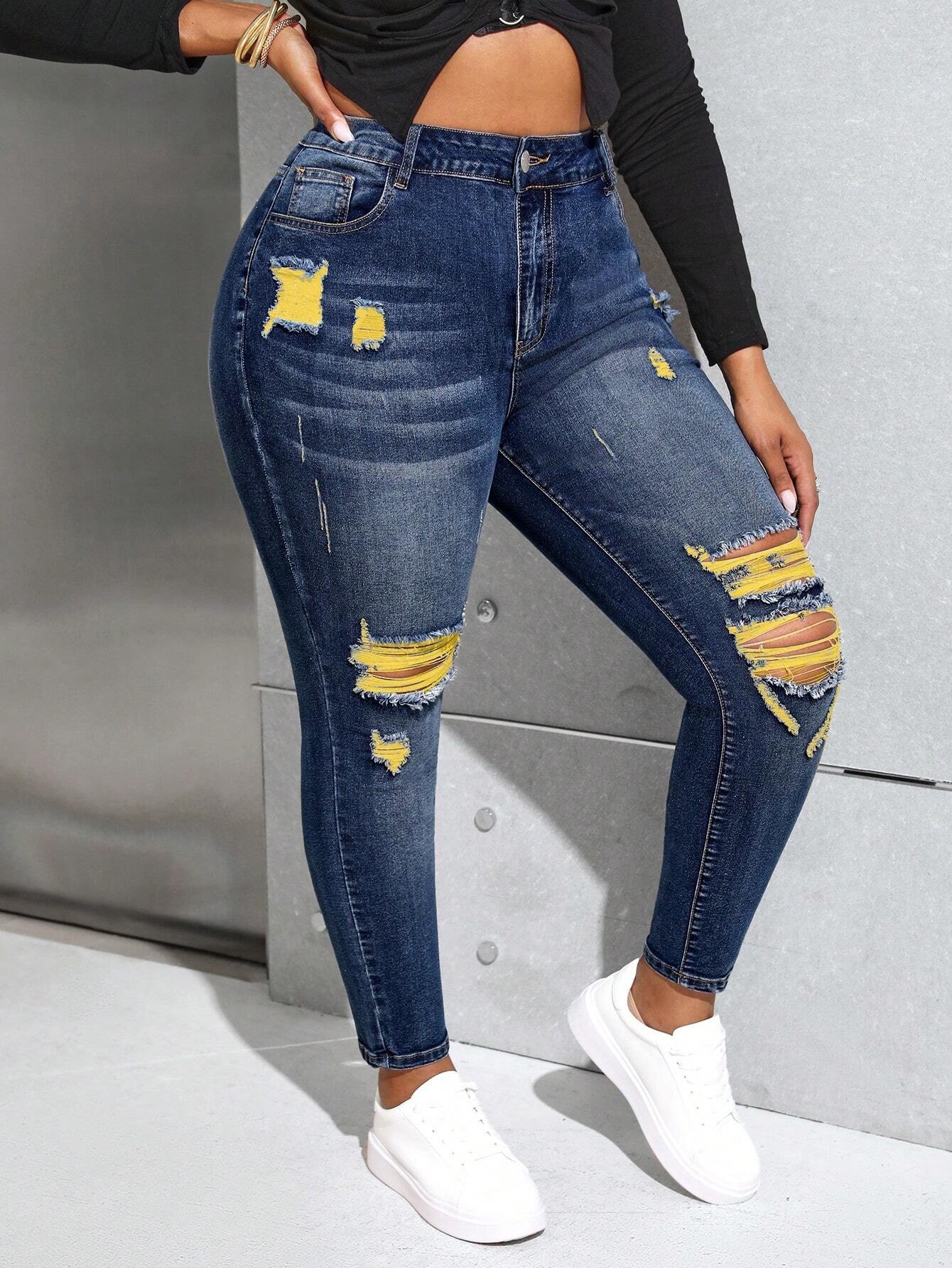 Plus Size Casual Distressed Skinny Fit Jeans – High Stretch Ripped Denim for Everyday Wear