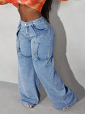 Plus Size Wide-Leg Jeans – Casual Loose Fit Denim with Button Detail & Slant Pockets for Women