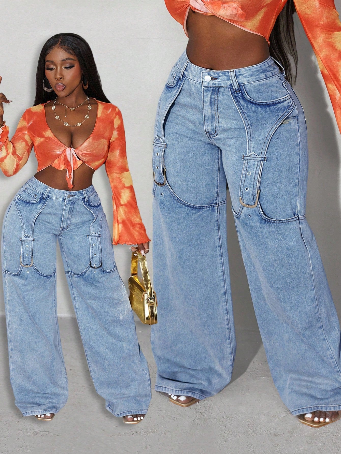 Plus Size Wide-Leg Jeans – Casual Loose Fit Denim with Button Detail & Slant Pockets for Women