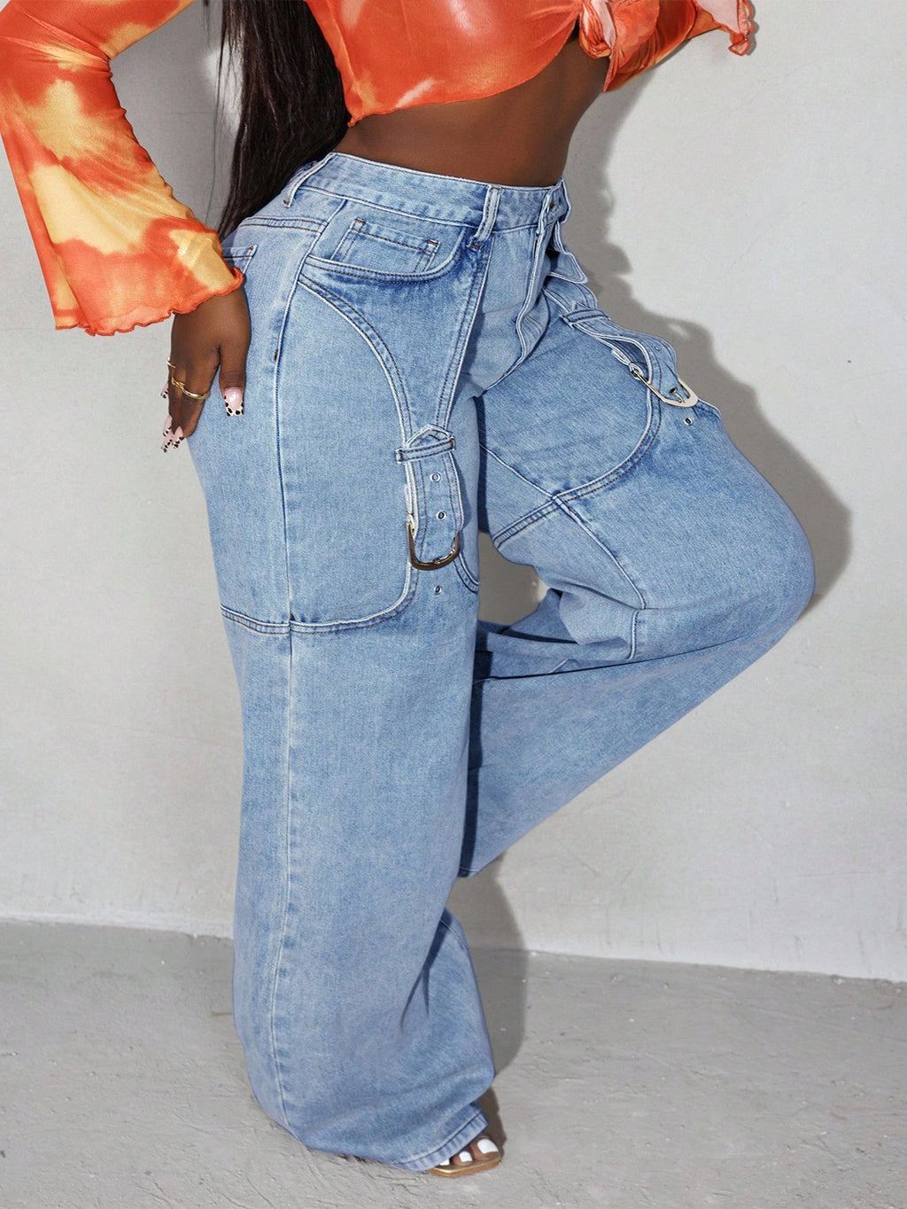 Plus Size Wide-Leg Jeans – Casual Loose Fit Denim with Button Detail & Slant Pockets for Women
