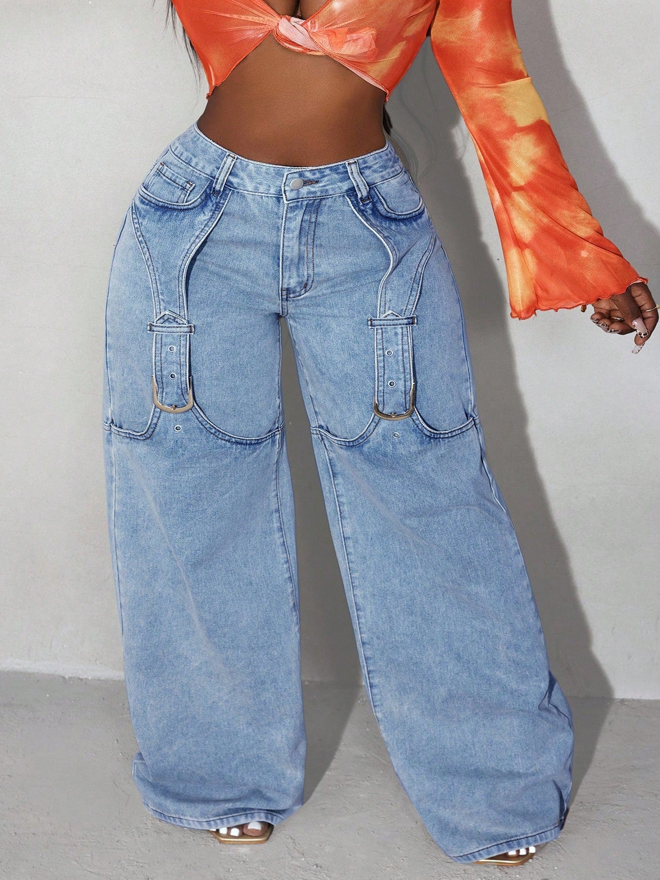 Plus Size Wide-Leg Jeans – Casual Loose Fit Denim with Button Detail & Slant Pockets for Women