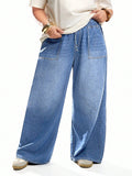 Plus Size Women’s Blue Straight Leg Jeans – Elastic Waist Casual Loose Fit Denim Pants