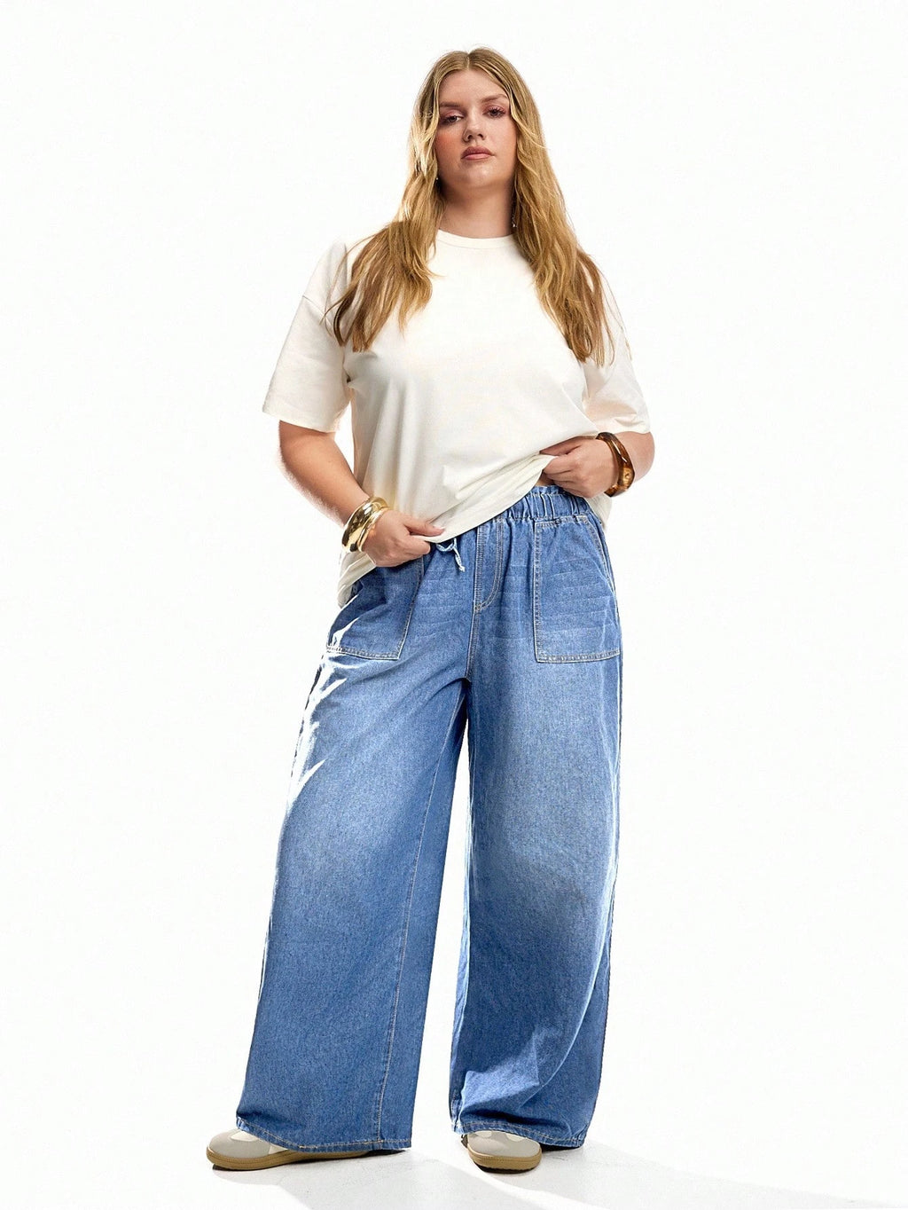 Plus Size Women’s Blue Straight Leg Jeans – Elastic Waist Casual Loose Fit Denim Pants