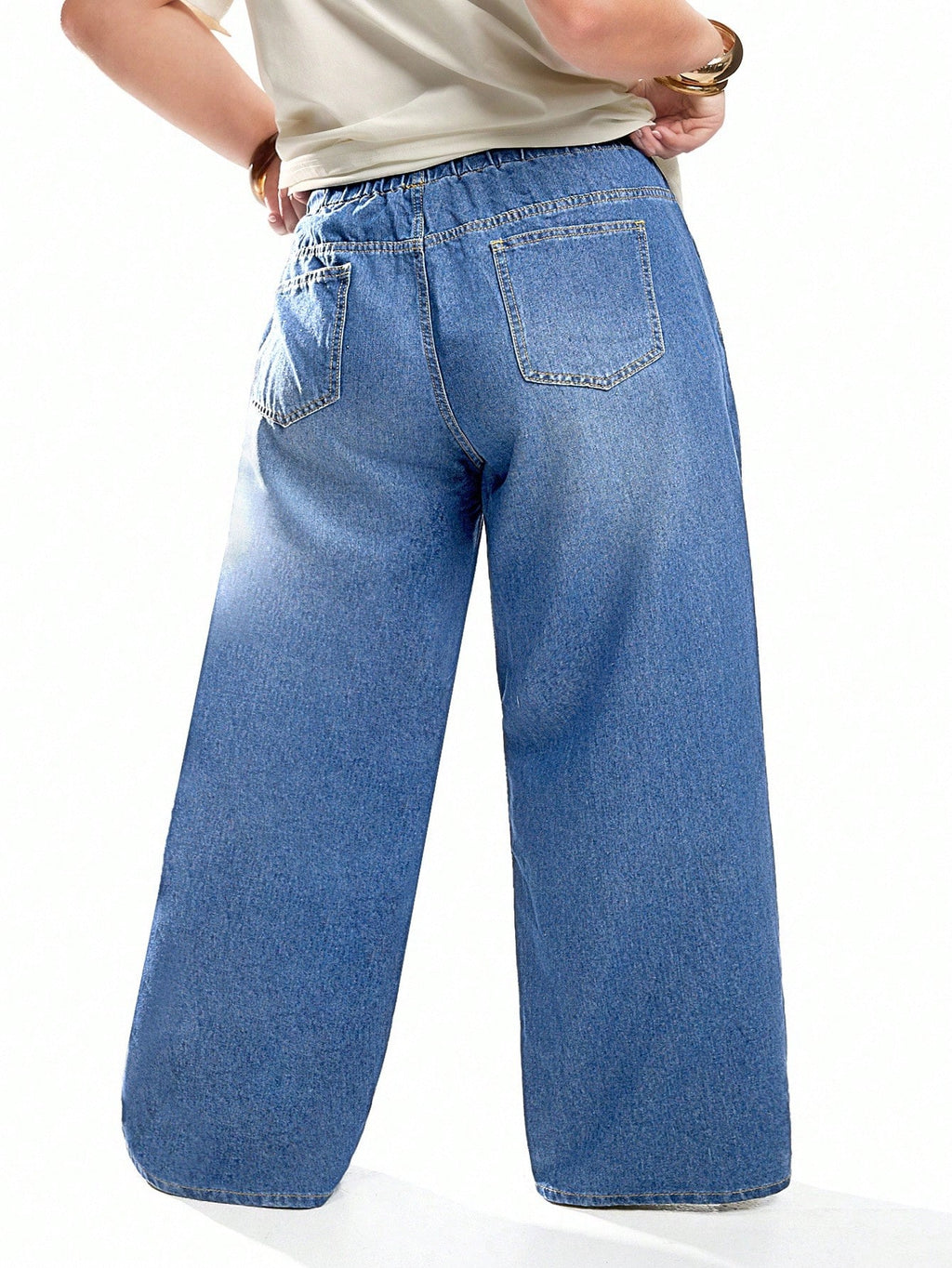 Plus Size Women’s Blue Straight Leg Jeans – Elastic Waist Casual Loose Fit Denim Pants