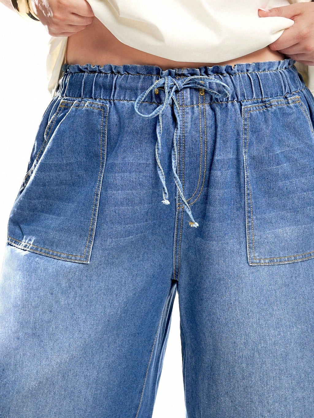 Plus Size Women’s Blue Straight Leg Jeans – Elastic Waist Casual Loose Fit Denim Pants