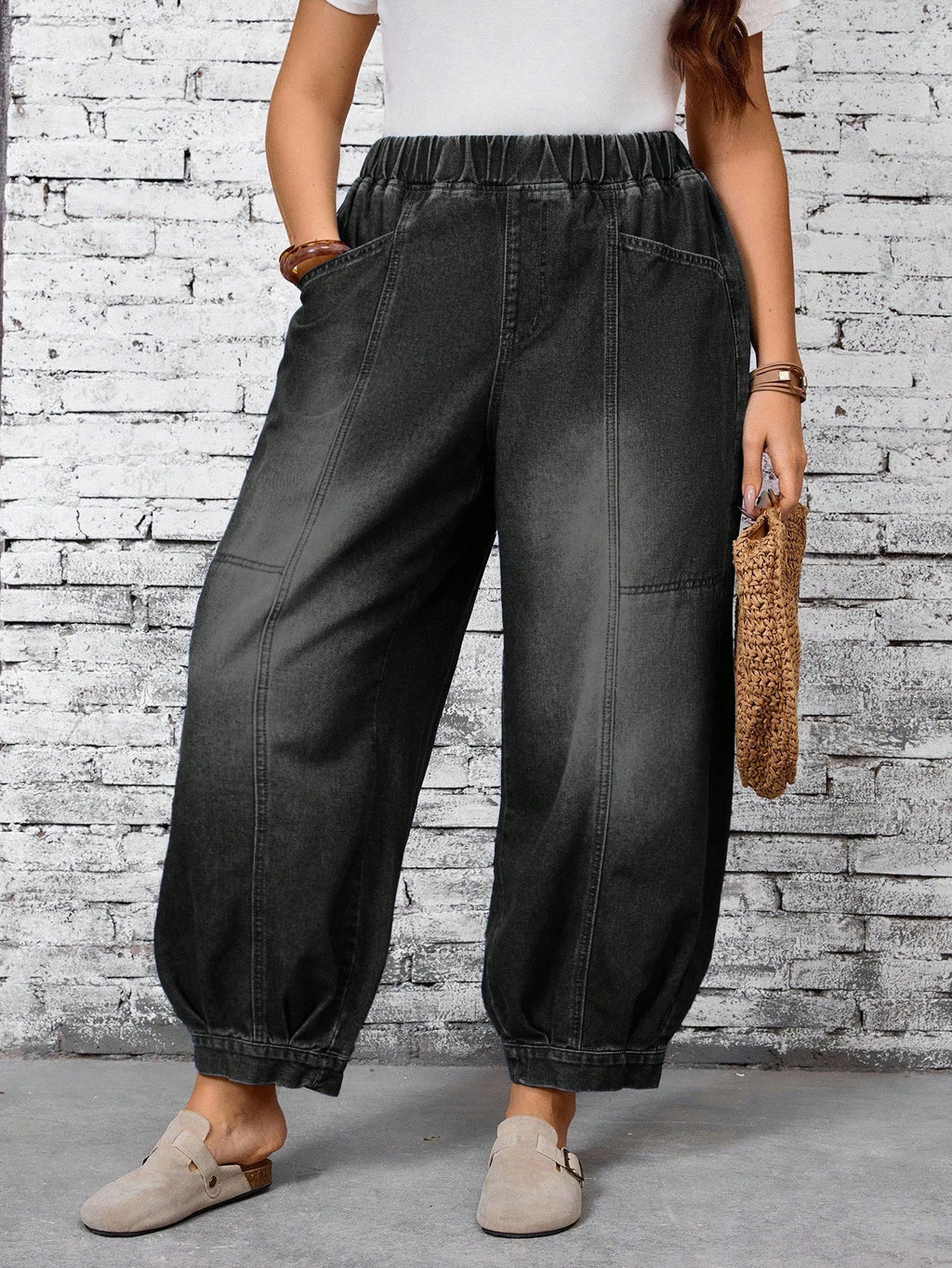 Plus Size Elastic Waist Wide Leg Jeans for Women – Casual Loose Fit Denim Pants