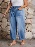 Plus Size Women’s Vintage Washed Denim Jeans – Casual Drawstring Loose Fit Vacation Pants