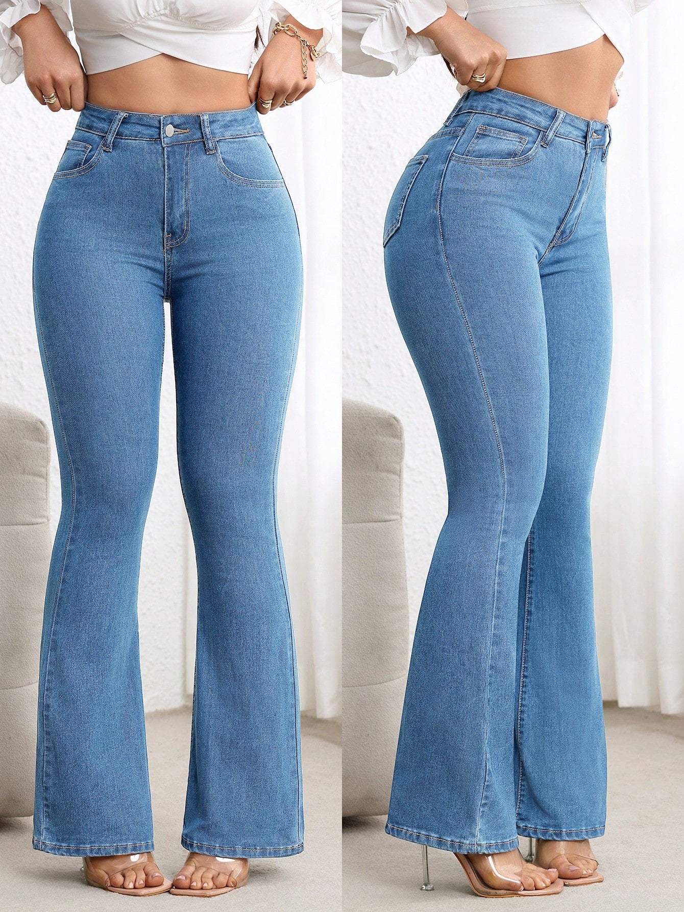 Plus Size Women’s Washed Flare Jeans – Slim Fit High Waist Casual Bell Bottom Denim Pants