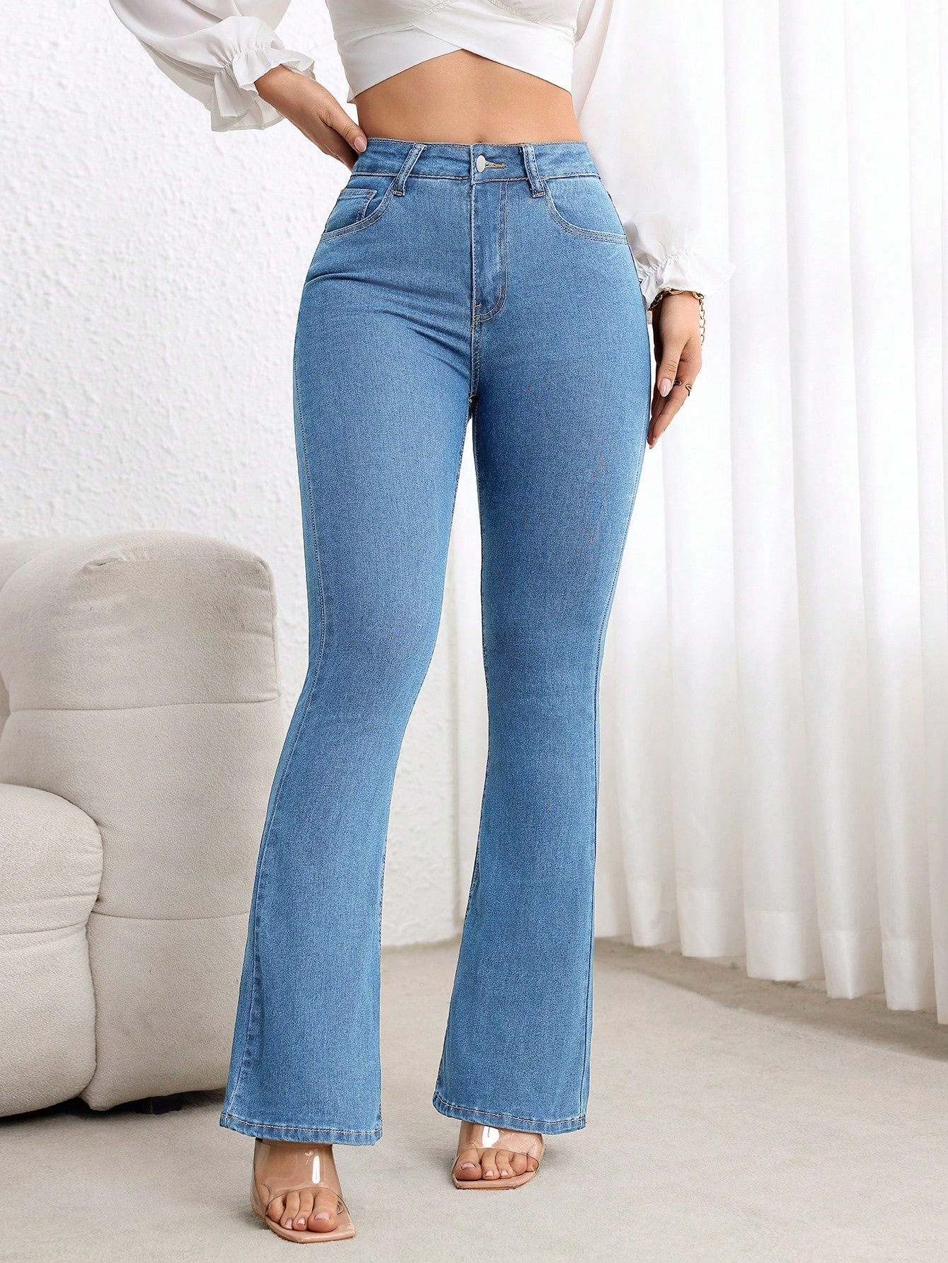Plus Size Women’s Washed Flare Jeans – Slim Fit High Waist Casual Bell Bottom Denim Pants