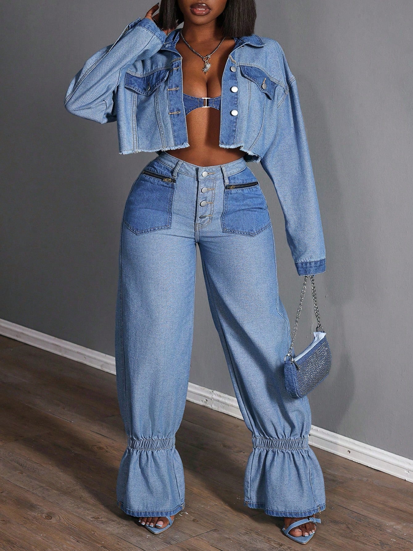 Plus Size Women’s Color Block Denim Jacket – Drop Shoulder Frayed Hem Patchwork Casual Summer Outerwear