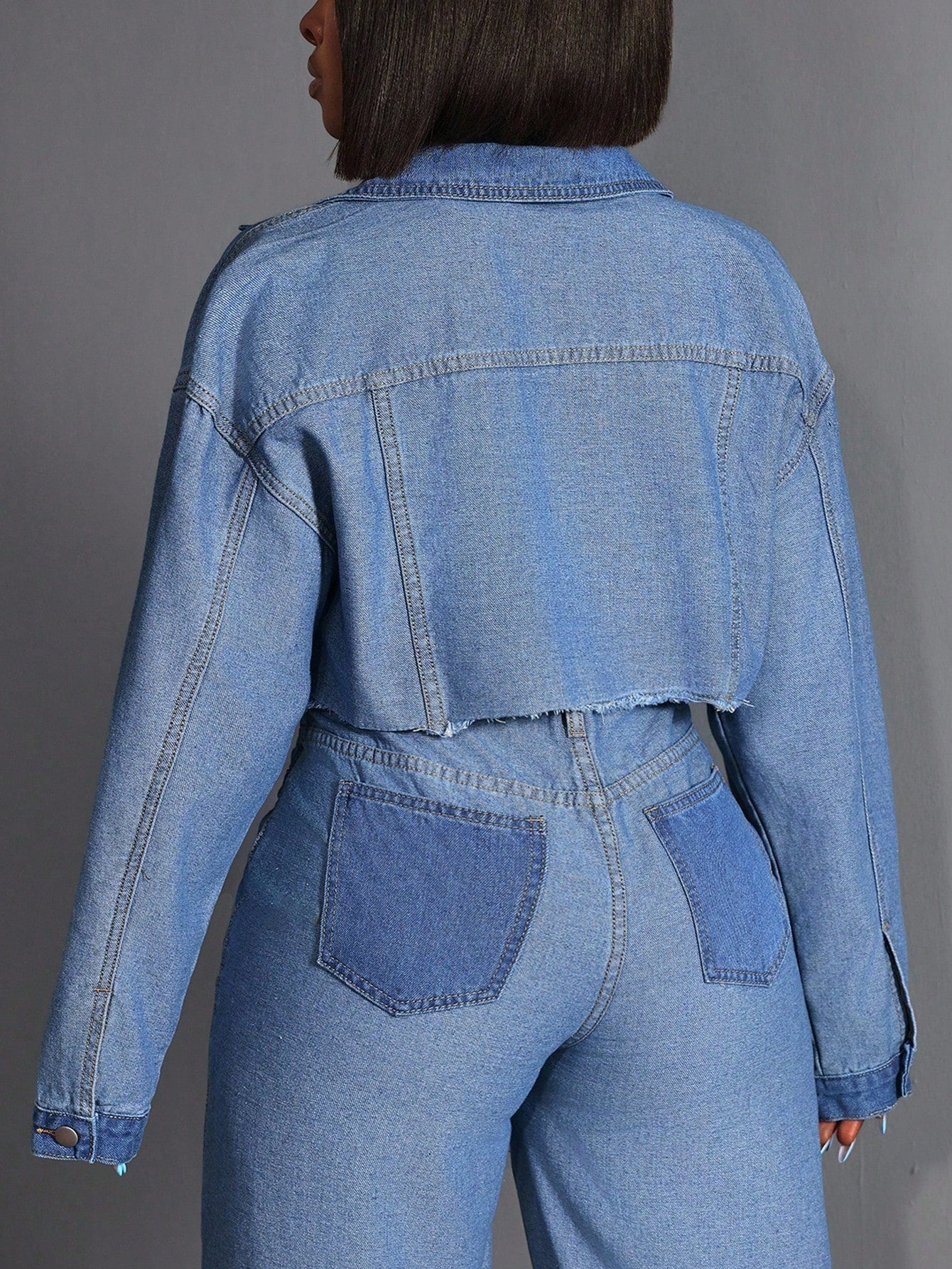 Plus Size Women’s Color Block Denim Jacket – Drop Shoulder Frayed Hem Patchwork Casual Summer Outerwear