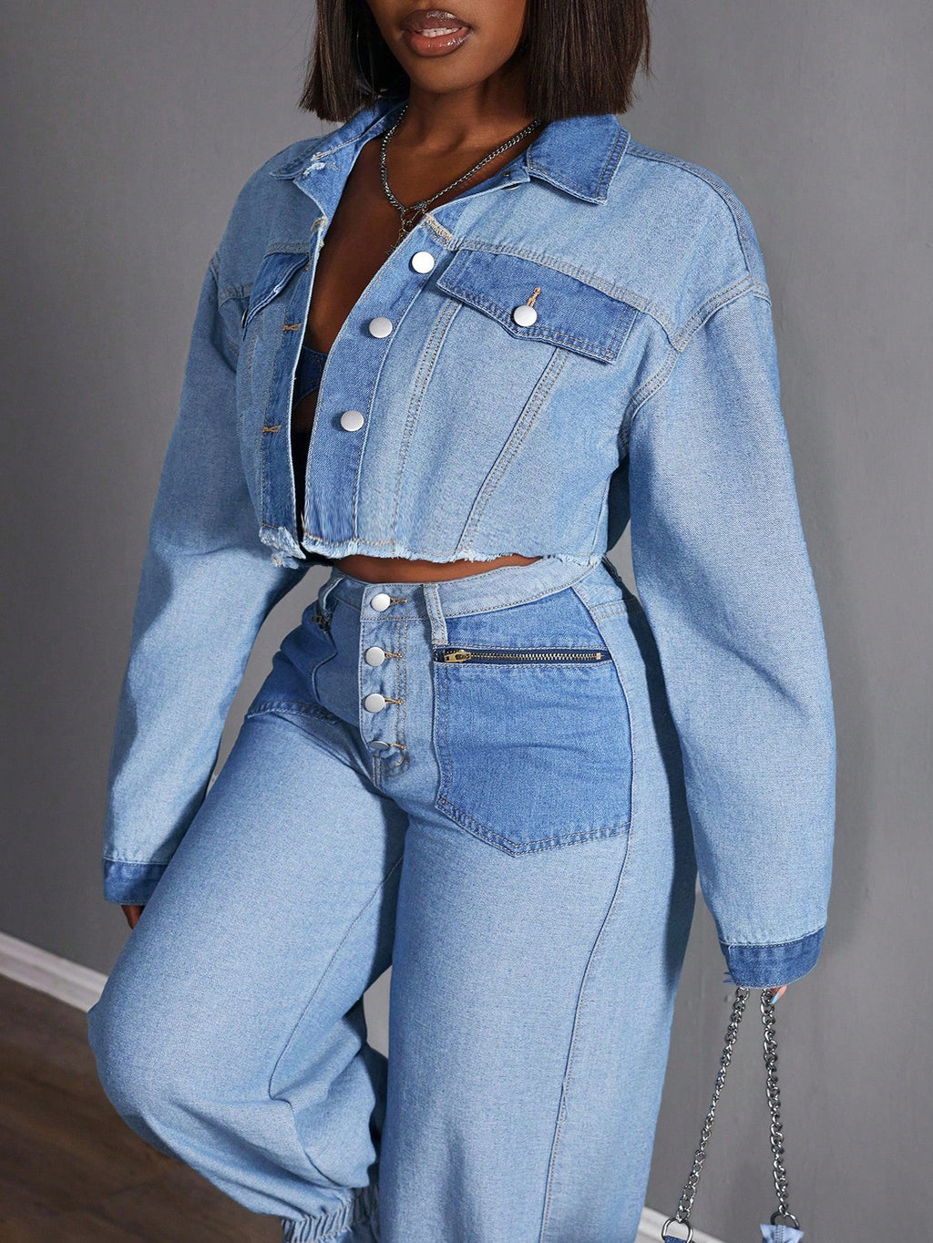 Plus Size Women’s Color Block Denim Jacket – Drop Shoulder Frayed Hem Patchwork Casual Summer Outerwear