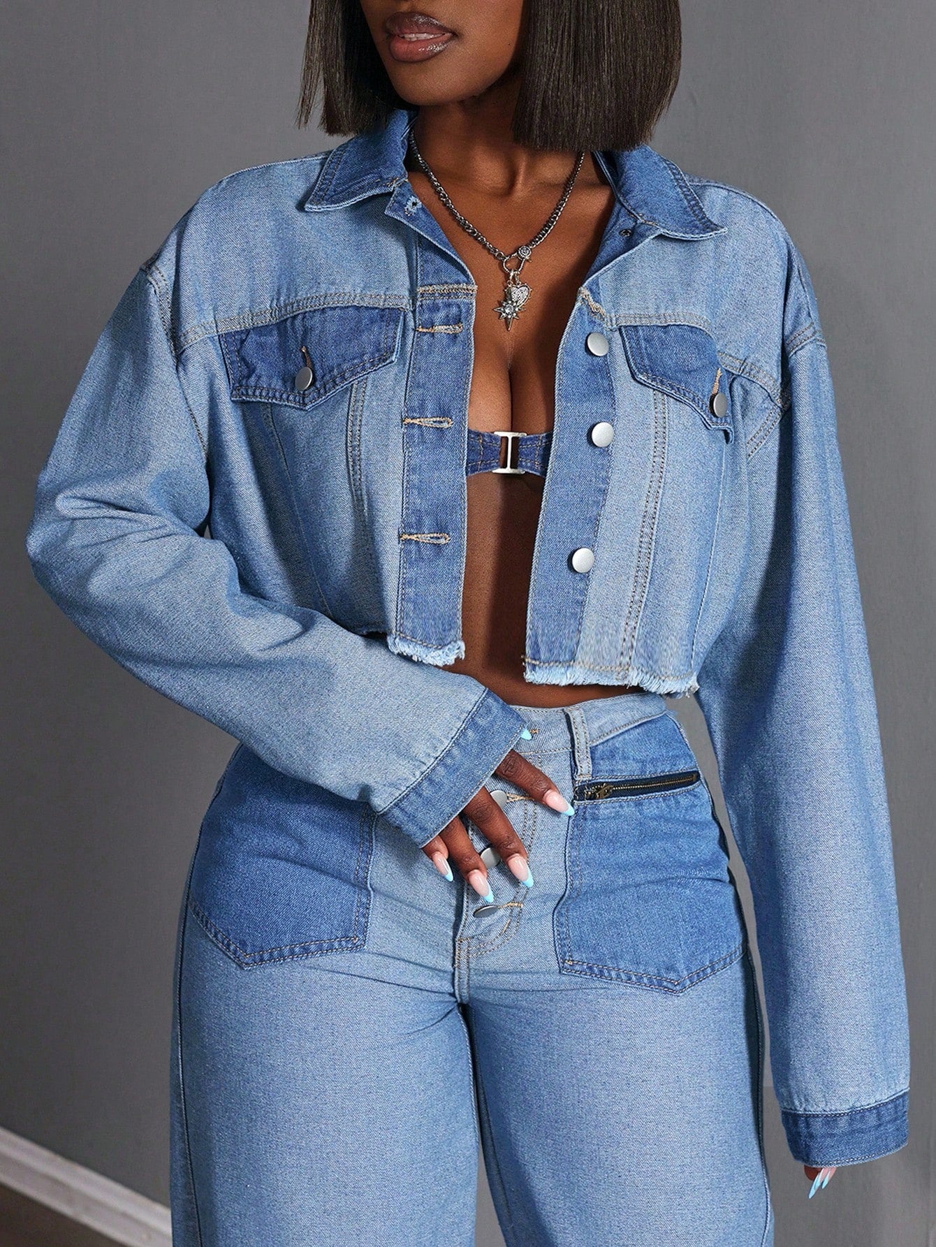 Plus Size Women’s Color Block Denim Jacket – Drop Shoulder Frayed Hem Patchwork Casual Summer Outerwear