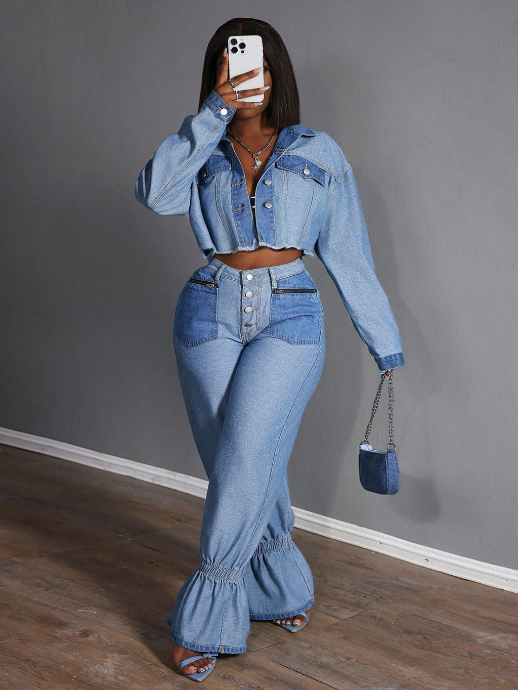 Plus Size Women’s Color Block Denim Jacket – Drop Shoulder Frayed Hem Patchwork Casual Summer Outerwear