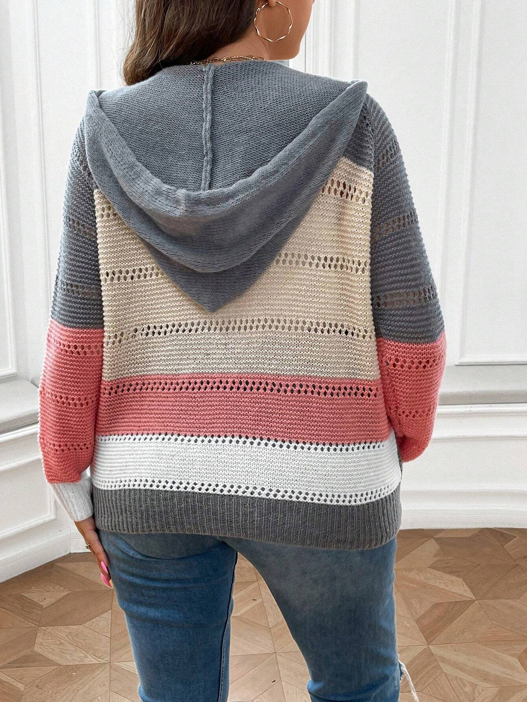 Plus Size Women’s Color Block Hooded Cardigan – Raglan Sleeve Drawstring Winter Knit Coat