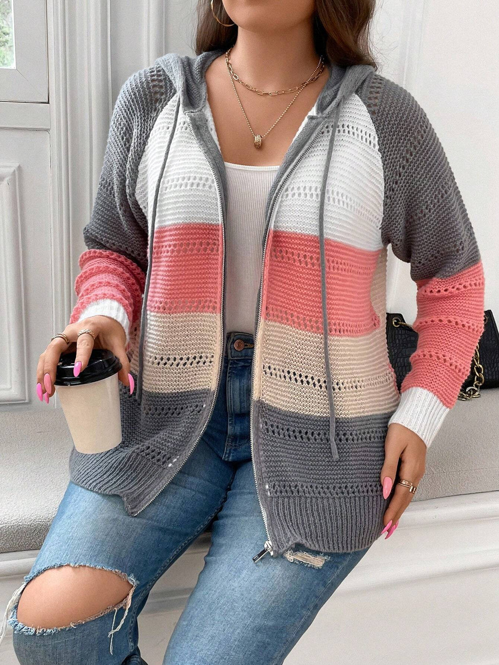 Plus Size Women’s Color Block Hooded Cardigan – Raglan Sleeve Drawstring Winter Knit Coat
