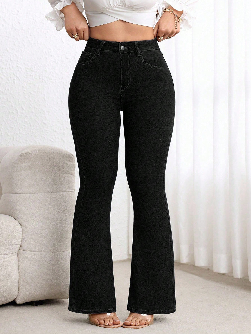 Plus Size Dark Blue Washed High Waist Slim Fit Flare Jeans for Women – Stretch Denim Bootcut Pants