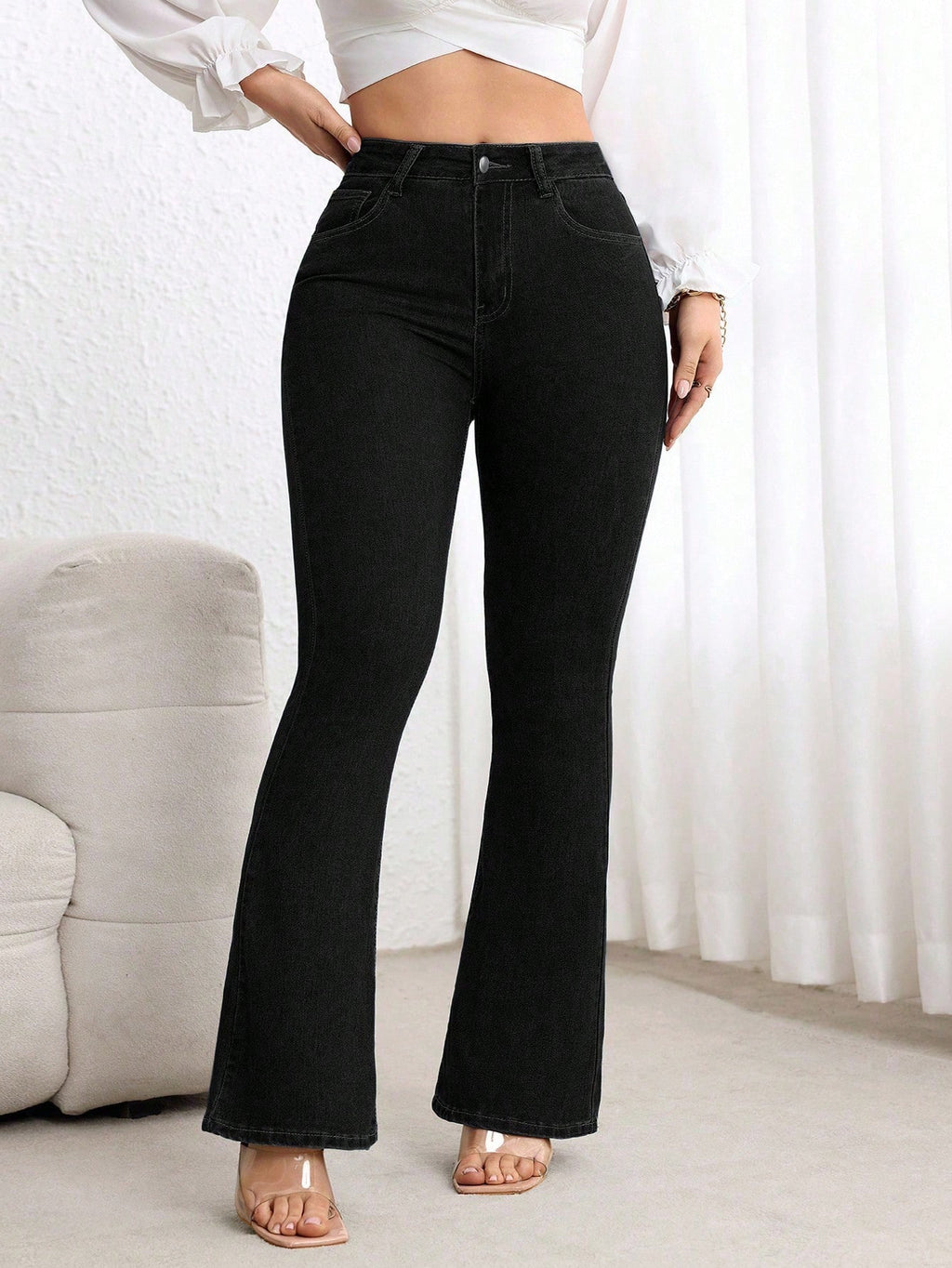 Plus Size Dark Blue Washed High Waist Slim Fit Flare Jeans for Women – Stretch Denim Bootcut Pants
