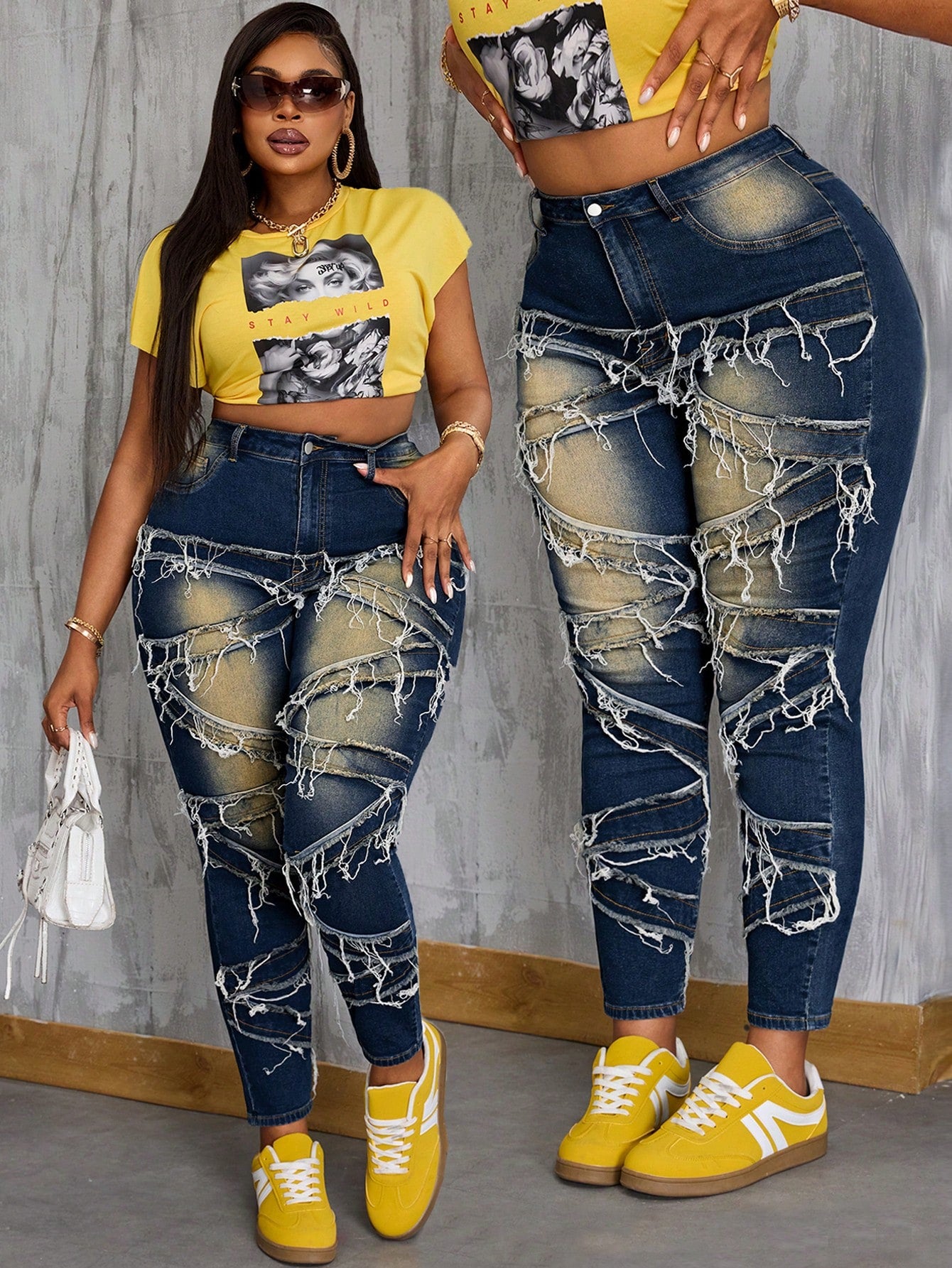Plus Size Women’s Distressed Skinny Jeans – Vintage Wash Frayed Hem Stretch Denim Pants