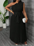 Plus Size Elegant Asymmetric Ruffle Waist Pleated Dress – Apricot Banquet Summer Midi Dress for Women