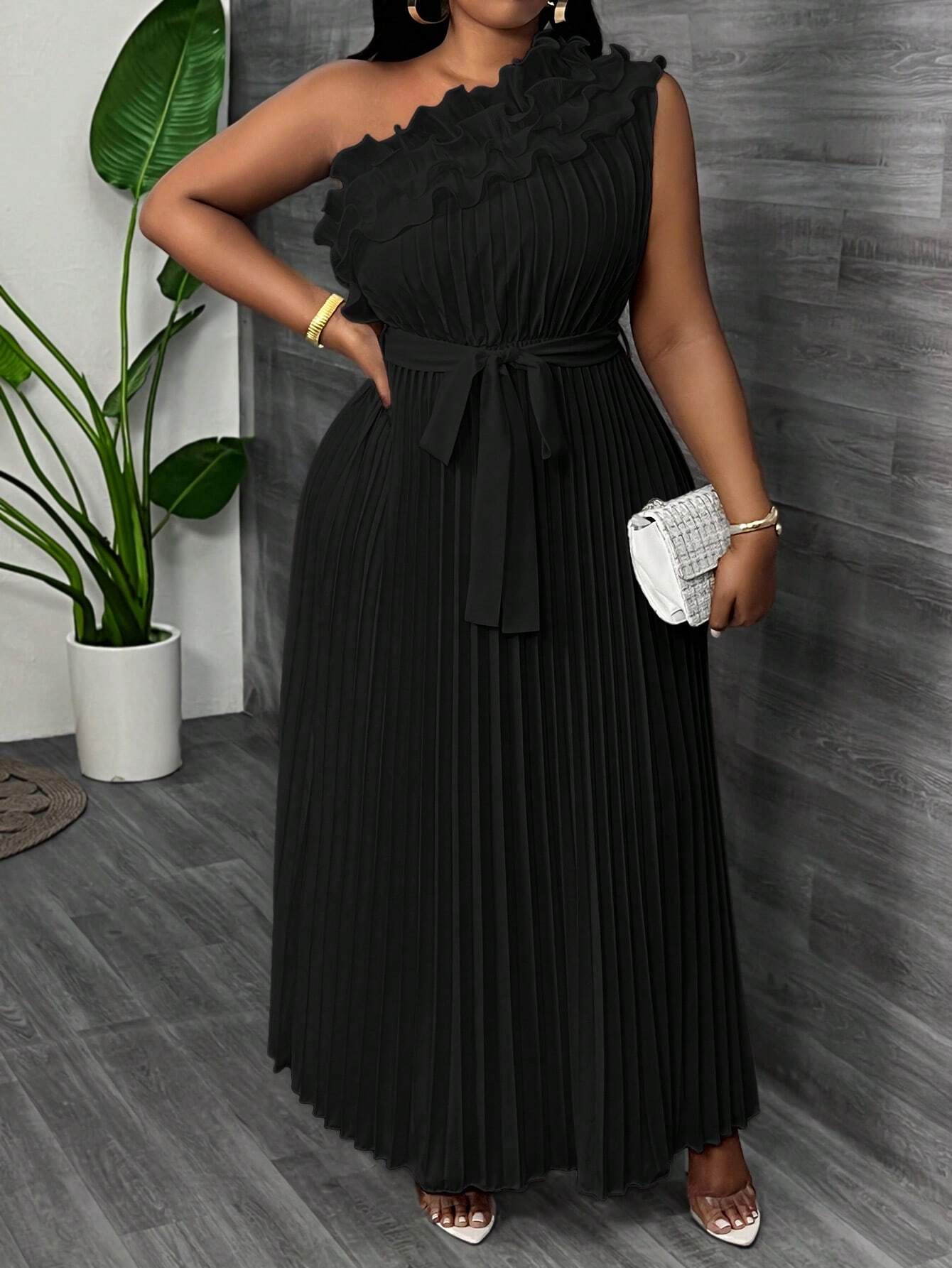 Plus Size Elegant Asymmetric Ruffle Waist Pleated Dress – Apricot Banquet Summer Midi Dress for Women