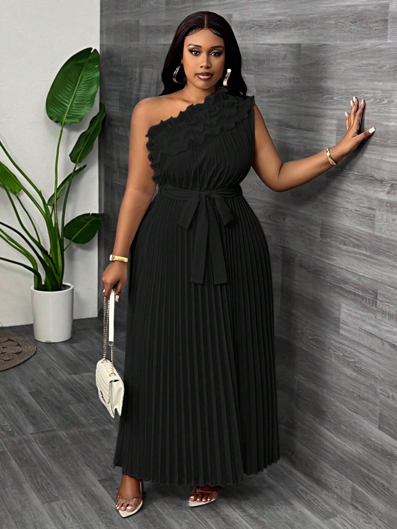 Plus Size Elegant Asymmetric Ruffle Waist Pleated Dress – Apricot Banquet Summer Midi Dress for Women