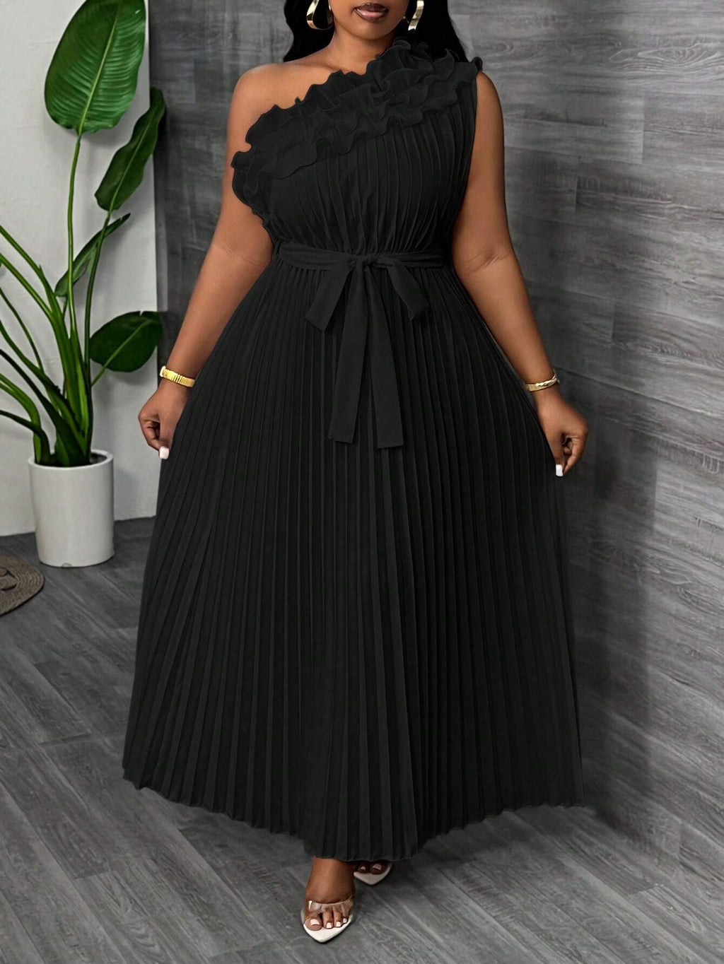 Plus Size Elegant Asymmetric Ruffle Waist Pleated Dress – Apricot Banquet Summer Midi Dress for Women