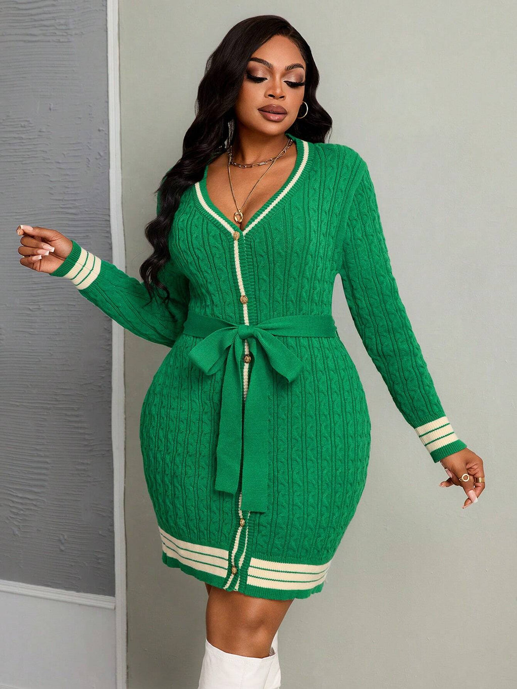 Plus Size Women’s Color Block Knit Dress – Elegant Commuter Long Sleeve Fitted Sweater Dress (Green)