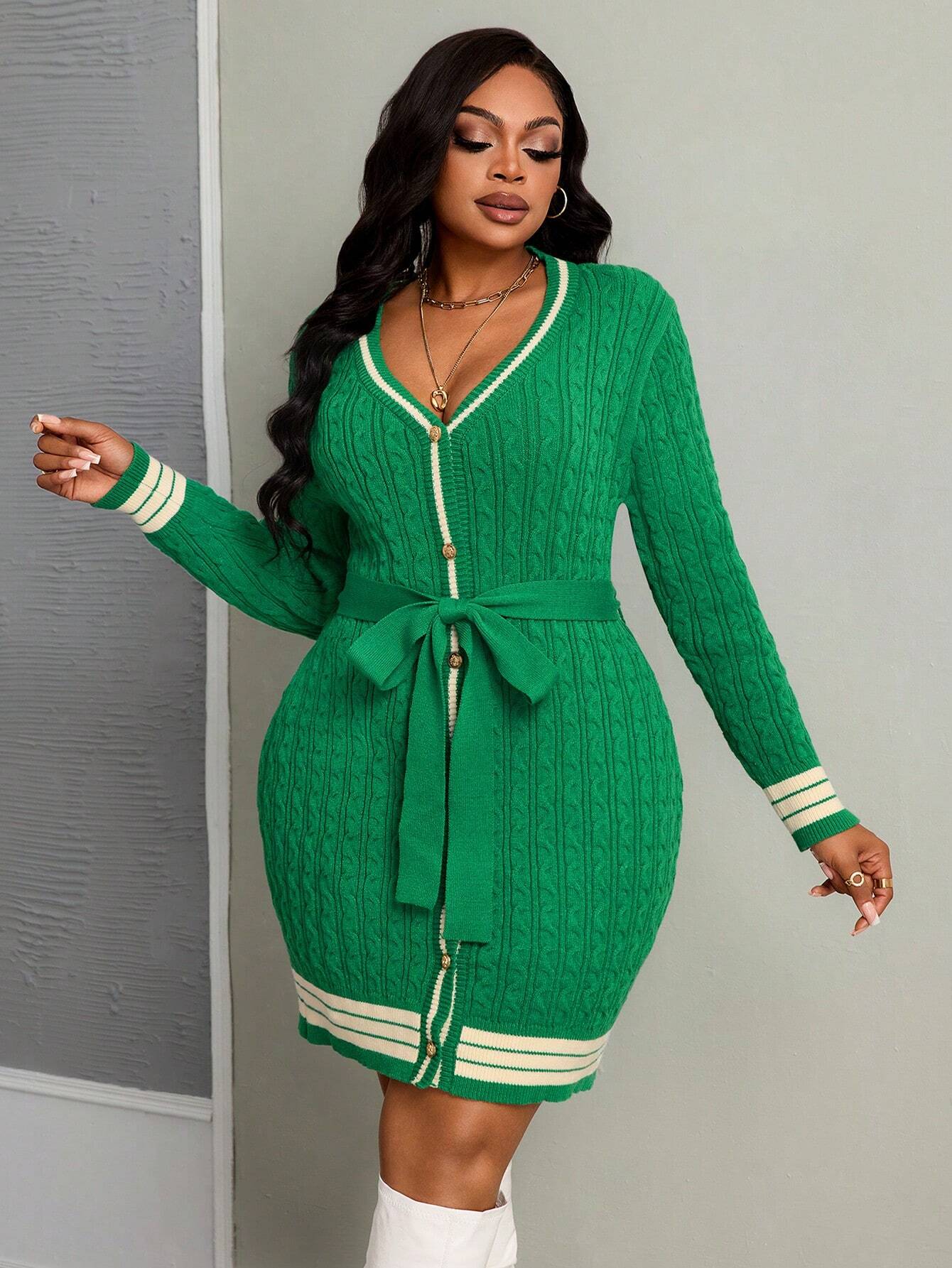 Plus Size Women’s Color Block Knit Dress – Elegant Commuter Long Sleeve Fitted Sweater Dress (Green)