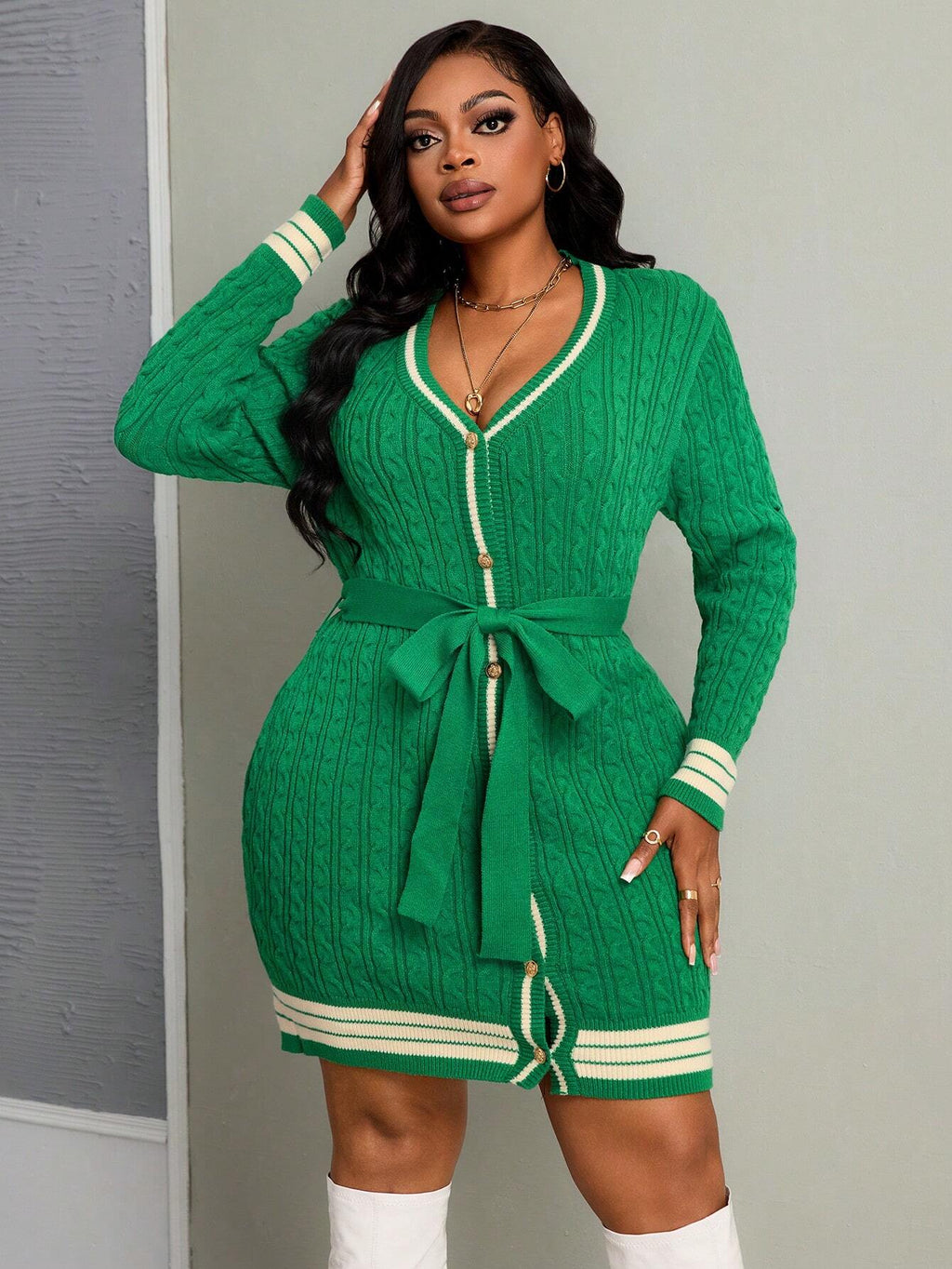 Plus Size Women’s Color Block Knit Dress – Elegant Commuter Long Sleeve Fitted Sweater Dress (Green)