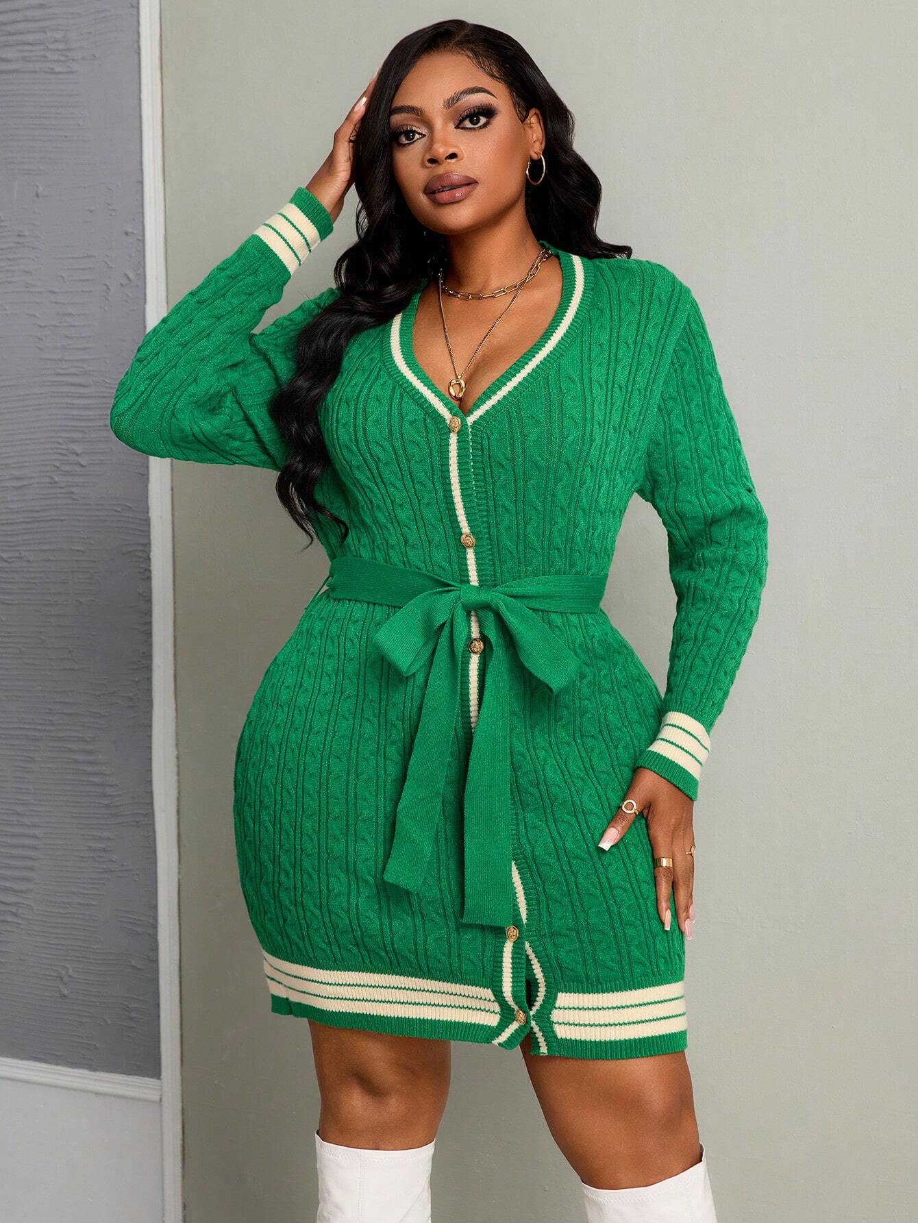 Plus Size Women’s Color Block Knit Dress – Elegant Commuter Long Sleeve Fitted Sweater Dress (Green)