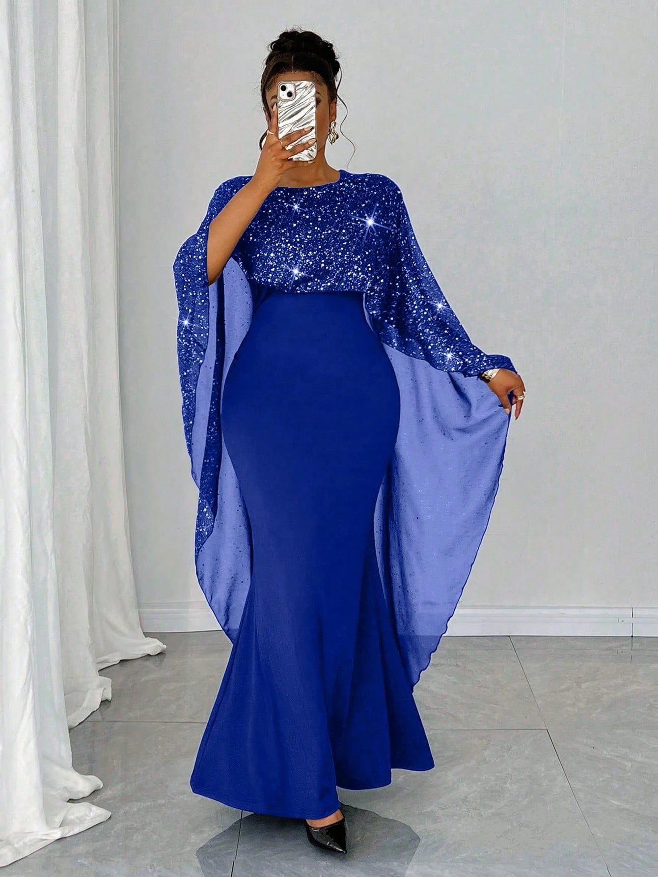 Plus Size Women’s Mesh & Sequin Patchwork Dress – Elegant Round Neck Fitted Casual Party Dress